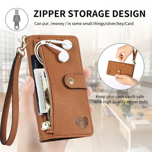 iPhone 17 Pro Max Konstläder Plånboksfodral RFID-Skydd Zipper med rem - Brun Brun