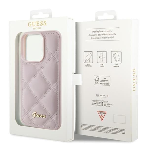 Guess Mobilskal till iPhone 15 Pro Quilted Metal Logo - Rosa Rosa