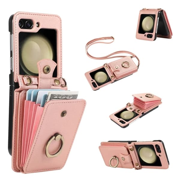 Galaxy Z Flip7 Plånboksfodral Ring Kickstand med Lång rem - Rosa Guld Roséguld
