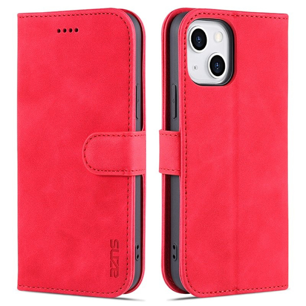 AZNS iPhone 15 Plus Plånboksfodral Ställ Konstläder - Röd