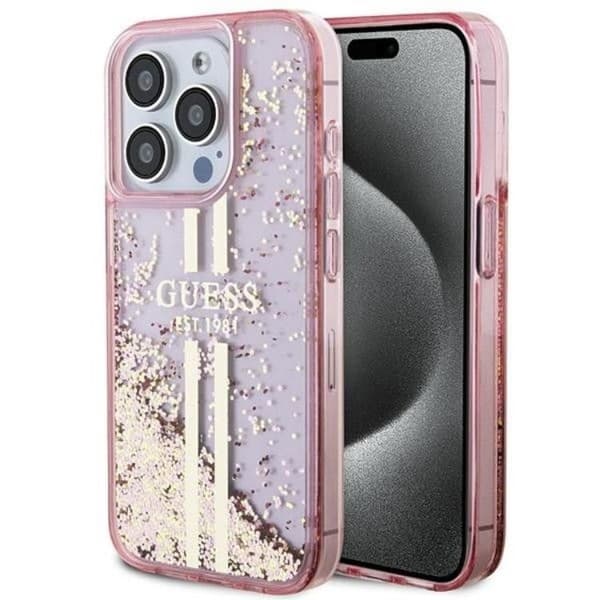 Guess iPhone 15 Pro Mobilskal Liquid Glitter Gold Stripes Rosa
