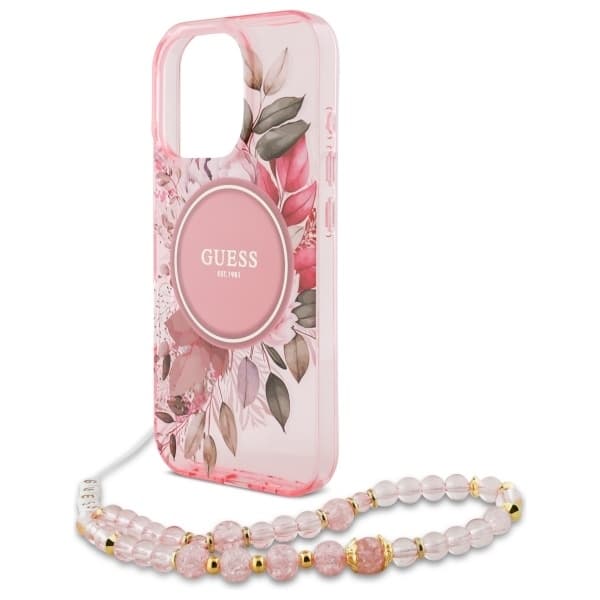 Guess telefontaske til iPhone 16 Pro MagSafe IML blomster med perlerem - lyserød Rosa