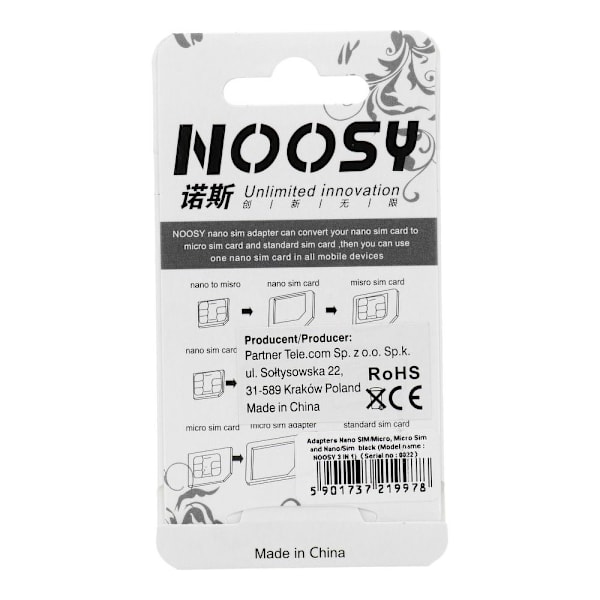 Adaptrar för Nano SIM/Micro, Micro Sim och Nano/Sim svart Svart
