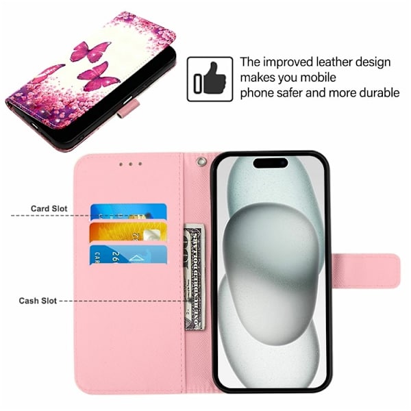 iPhone 16 Pro Max Plånboksfodral Printing Pattern Med Rem Rosa