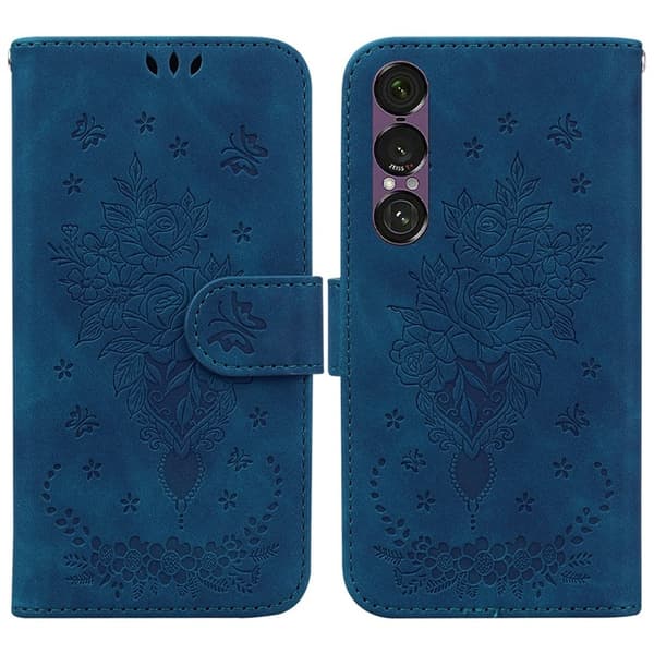 Sony Xperia 1 VII Konstläder Plånboksfodral Butterfly och Flower Pattern - Blå Blå