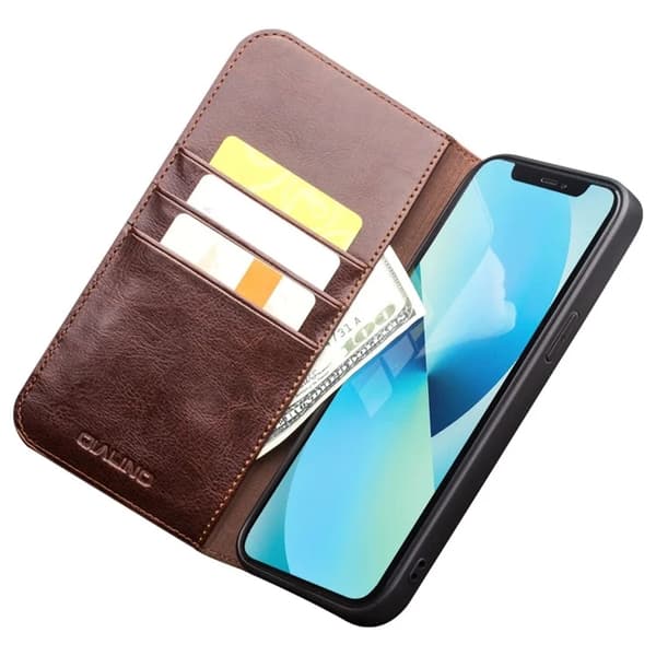QIALINO iPhone 13 Plånboksfodral Äkta Läder Cowhide - Brun Brun