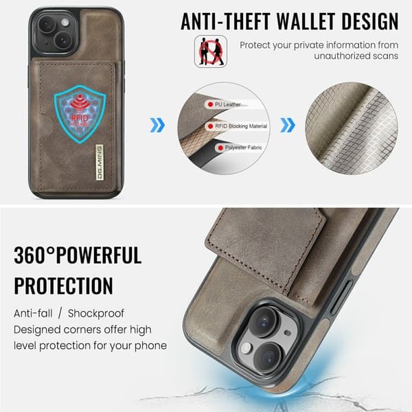 DG.MING M6 Series Mobilskal till iPhone 15 Magnetiskt Plånboksfodral - Brun