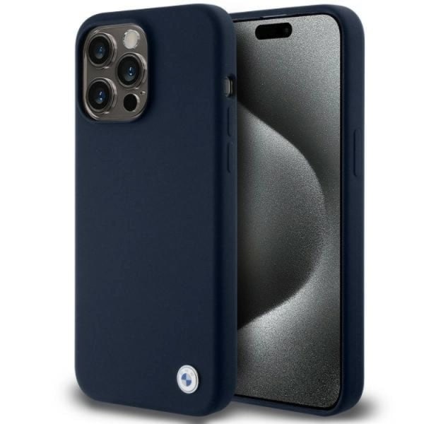 BMW iPhone 15 Pro mobiilisuojus silikonimetallilogo - sininen