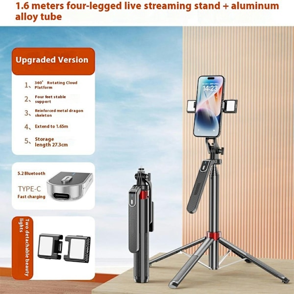 Bärbar Selfiestick Bluetooth med Dubbel V2 Fill Light P185mini
