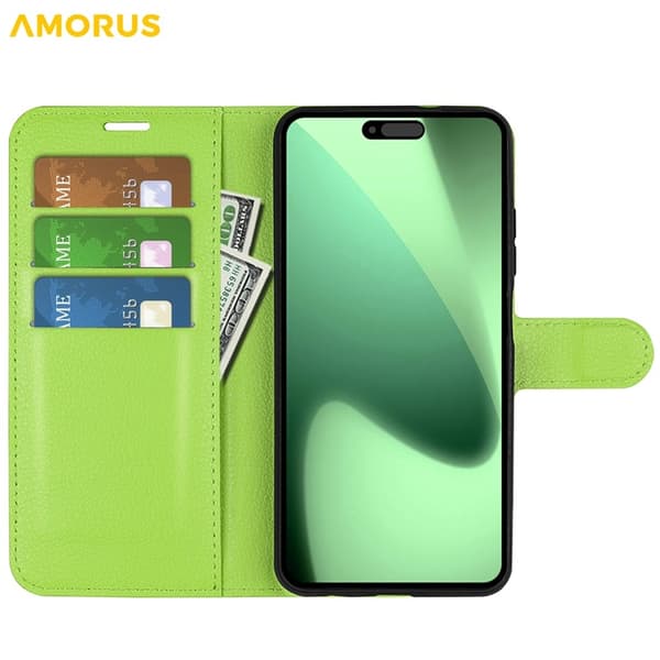 AMORUS iPhone 17 Pro Konstläder Plånboksfodral Flipstativ Litchi - Grön Grön