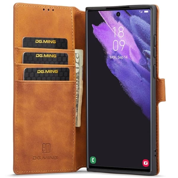 DG.MING Retro KonstLäder Plånboksfodral Samsung Galaxy S22 Ultra Brun
