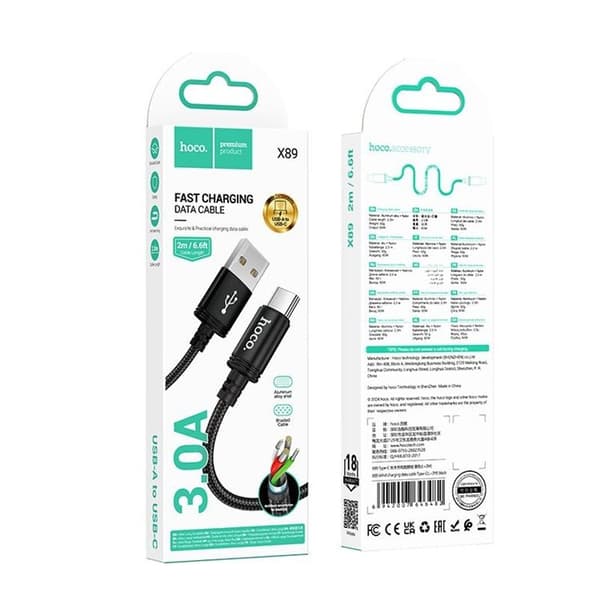 HOCO USB-A till USB-C Kabel 3A 2m X89 - Svart Svart