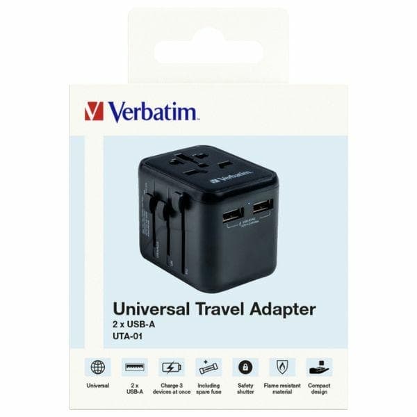 Verbatim Rejselader 2xUSB-A EU/UK/US - Sort Svart