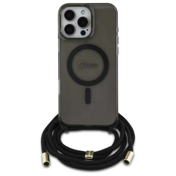 Guess Telefontaske til iPhone 16 Pro MagSafe Crossbody Cord Script - Sort Black
