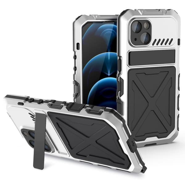 R-JUST Mobilskal till iPhone 14 Kickstand i Silikon + Metall Silver