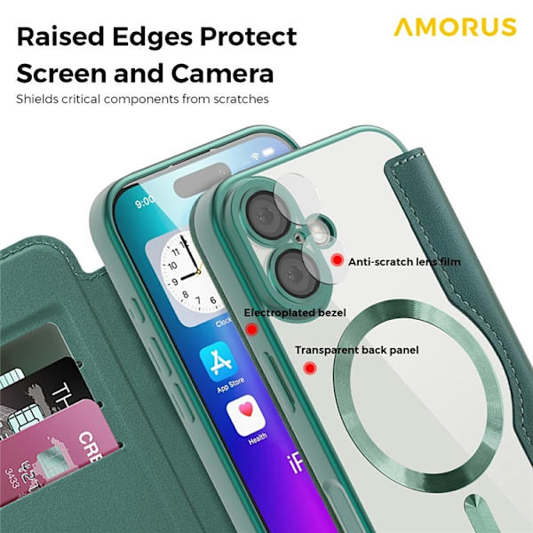 AMORUS iPhone 17 Plånboksfodral MagSafe RFID-Skydd - Grön Grön