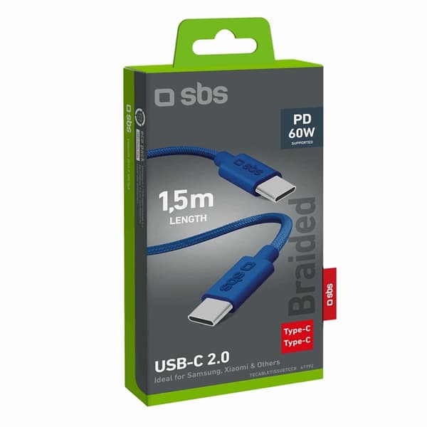 SBS USB-C - USB-C-kaapeli 1,5 m 60 W punottu - sininen Blå