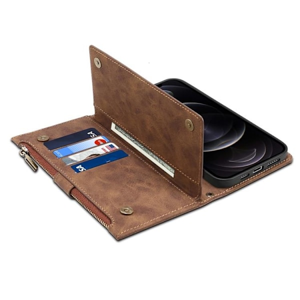 iPhone 14 Pro Max Pungeetui Flap Zipper Strap - Brun Brun