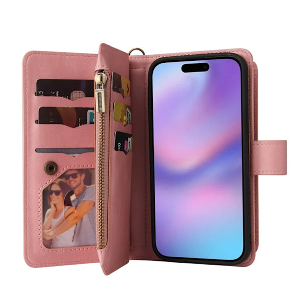 iPhone 17 Konstläder Plånboksfodral Zipper Rem Rosa