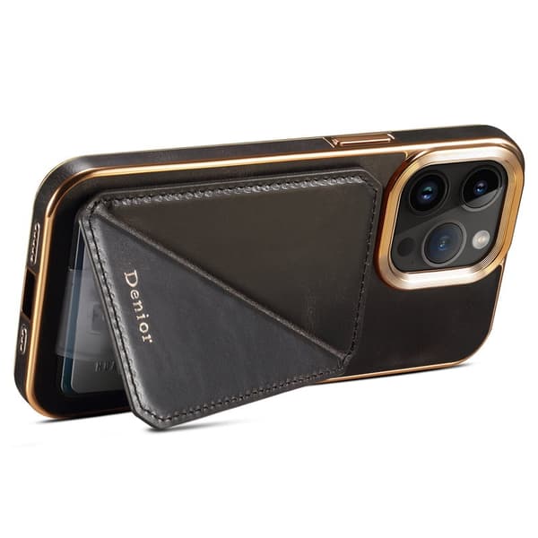 DENIOR Mobilskal till iPhone 12 / 12 Pro Kickstand Äkta Läder Svart