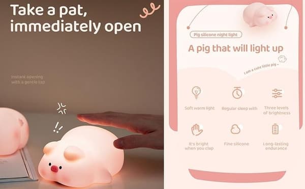 LED Nattlampa Tryck Pig Art Deco - Rosa Rosa