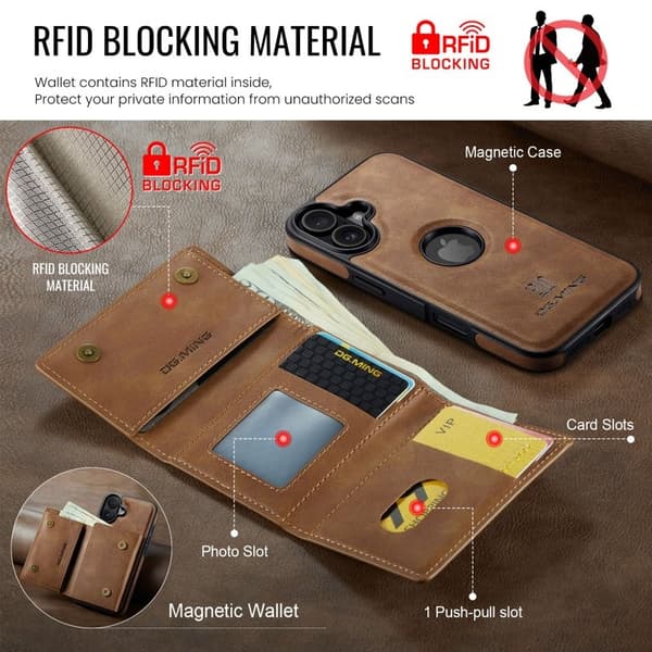 DG.MING M6 Series Mobilskal till iPhone 17 Magnetiskt Plånboksfodral Brun