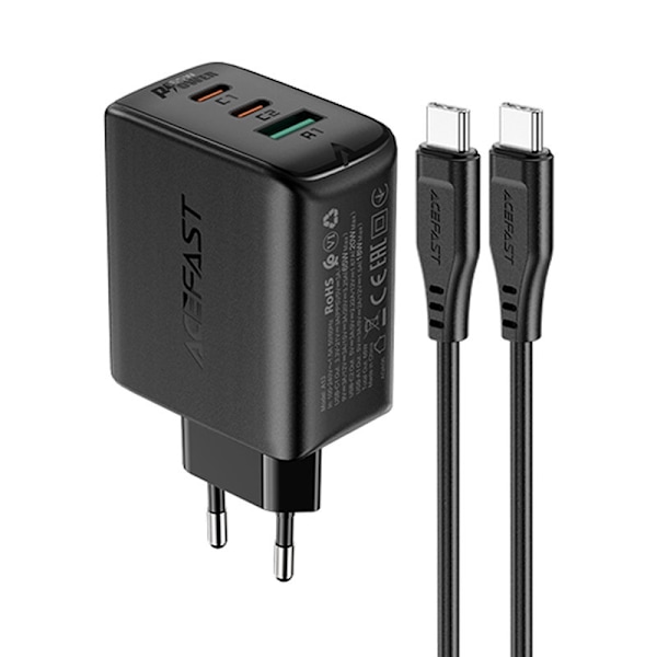 Acefast 2in1 Väggladdare 2x USB-C Till USB 65W Kabel - Svart Svart