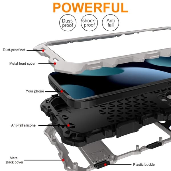 R-JUST Mobilskal till iPhone 15 Pro Fallskydd Silikon+Metal Silver