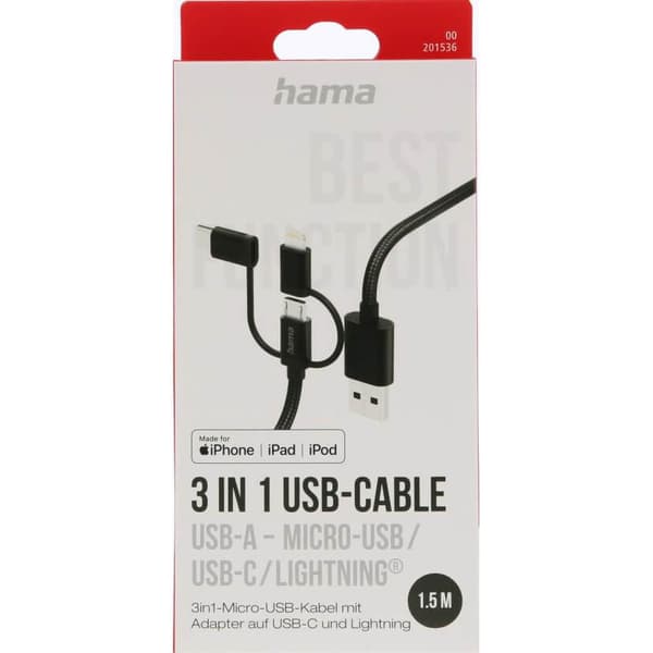 HAMA 3in1 USB-A till USB-C/Micro-USB/Lightning Kabel 1.5m - Svart Black