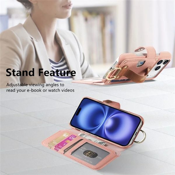 iPhone 17 Pro Konstläder Plånboksfodral RFID-Skydd Zipper - Rosa Rosa