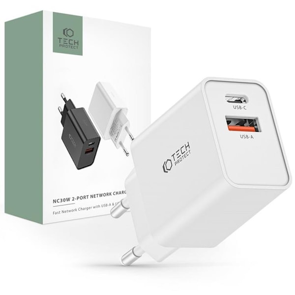 Tech-Protect NC30W 2-Port Netværk Oplader - Hvid Vit