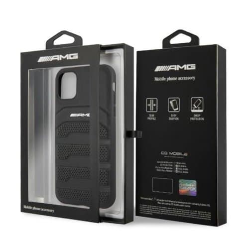 AMG Ægte Læder Debossed Lines Skal iPhone 11 - Sort Black