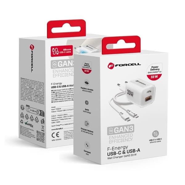 Forcell Hurtigoplader USB-A/USB-C 33W USB-C-kabel GaN III QC PD Vit