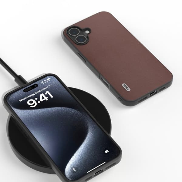 ABEEL Mobilskal till iPhone 16 Äkta Läder Coated PC+TPU Hybrid - Brun