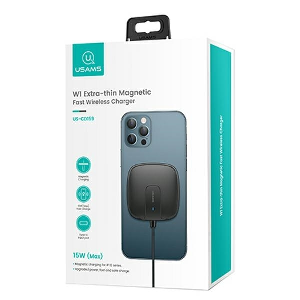USAMS Induktionsoplader US-CD159 Magnetisk W1 15W iPhone 12 - Sort