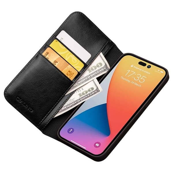 QIALINO iPhone 14 Pro Max Plånboksfodral Äkta Läder Drop Proof Svart