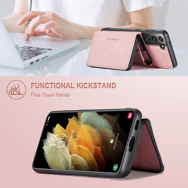 JEEHOOD 2-in-1 Magnetisk Konstläder Plånboksfodral Samsung Galaxy S22+ Rosa
