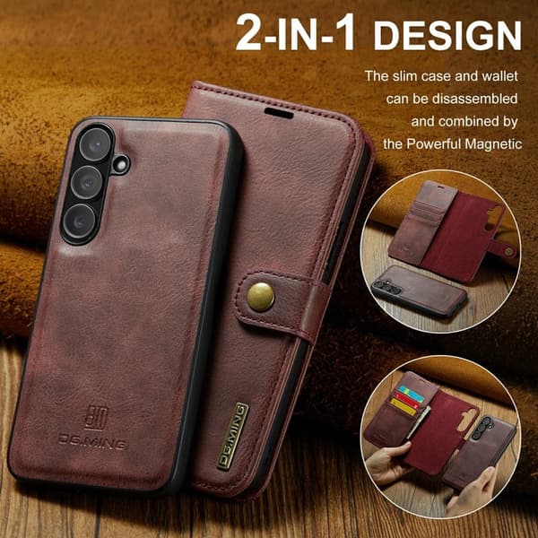 DG.MING Samsung Galaxy S25 FE Plånboksfodral Äkta läder Röd