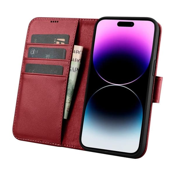 iCarer iPhone 14 Pro Max Plånboksfodral 2in1 Anti-RFID Äkta Läder Röd