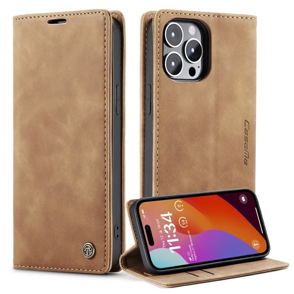 CASEME 013 iPhone 15 Pro Konstläderplånboksfodral Ställ - Brun