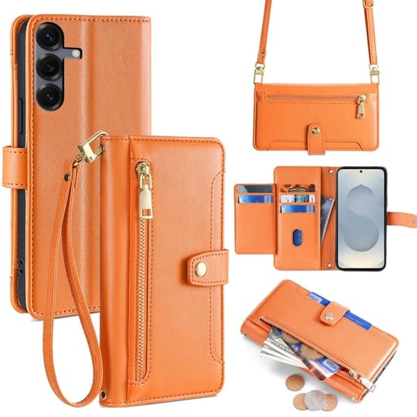 Galaxy S25 Konstläder Plånboksfodral med 2 Rem - Orange Orange