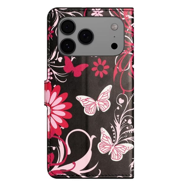 iPhone 17 Pro Max Konstläder Plånboksfodral Pattern Print - Svart Fjäril Svart