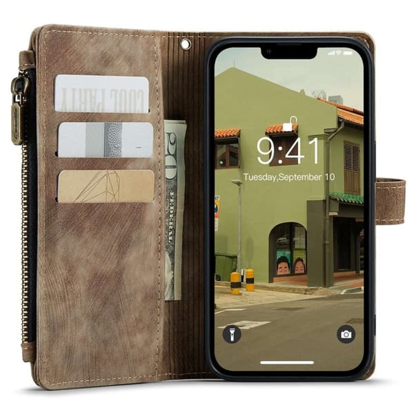 CASEME Konstläder Plånboksfodral för iPhone 14 Plus med Rem - Brun