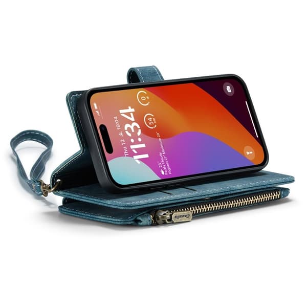 CASEME Konstläder Plånboksfodral till iPhone 16 Pro med Rem - Blå