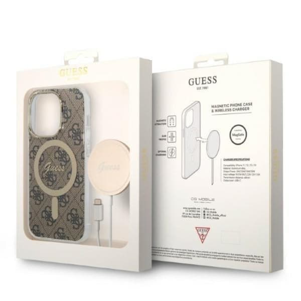GUESS iPhone 14 Pro Max Magsafe Skal 4G Print + Trådløs Oplader Brun
