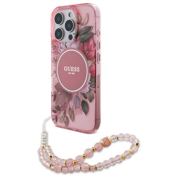 Guess telefontaske til iPhone 16 Pro MagSafe IML blomster med perlerem - lyserød Rosa