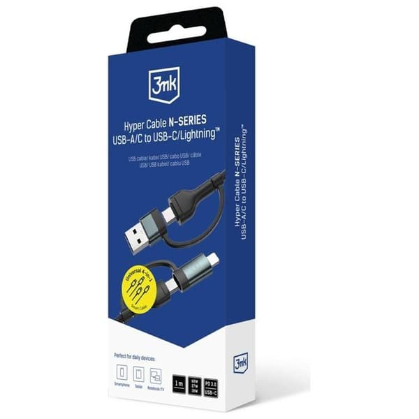 3MK USB-A/USB-C til USB-C/Lightning 60W Kabel 9V/2A 1.2m Hyper - Sort Svart