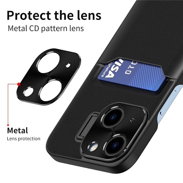 iPhone 14 Plus Skal Korthållare Linsram Kickstand - Svart Svart