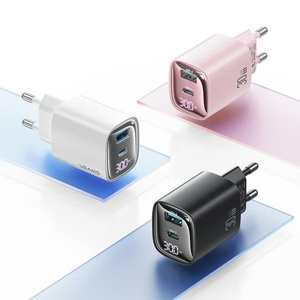 USAMS vægoplader CC229 30W GaN USB-C/USB-A XC-serie CC229TC01 - Sort