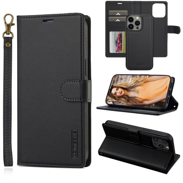 LC.IMEEKE L2 Series iPhone 15 Pro Max Plånboksfodral Konstläder - Svart